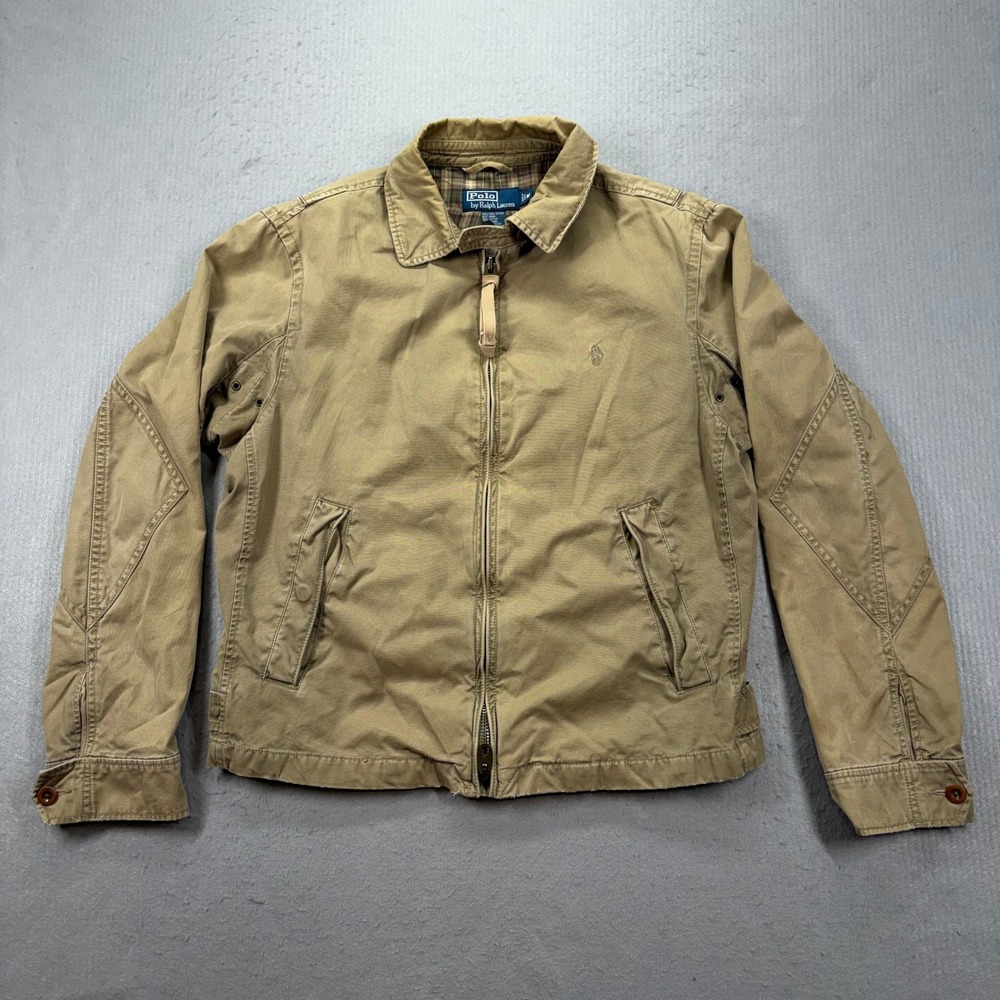 Polo Ralph Lauren Field Jacket Mens Medium Tan Cotton Canvas Plaid Lined Utility